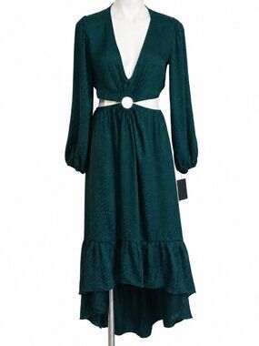 Size 8 Emerald Green Boho Chic Dress V-Neck Long Sleeve High Low Ruffle Hem